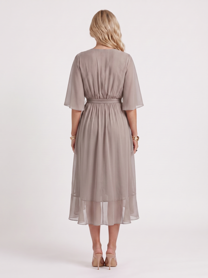 Women grey midi dress with surplice wrap neckline and kimono sleeves