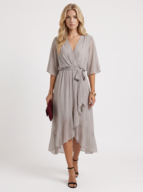 Women grey midi dress with surplice wrap neckline and kimono sleeves