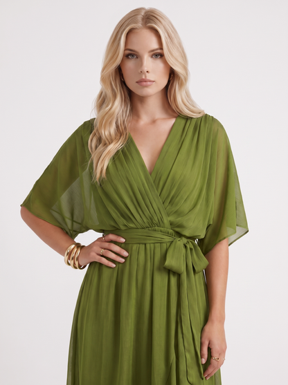 Women olive green midi dress with surplice wrap neckline and kimono sleeves