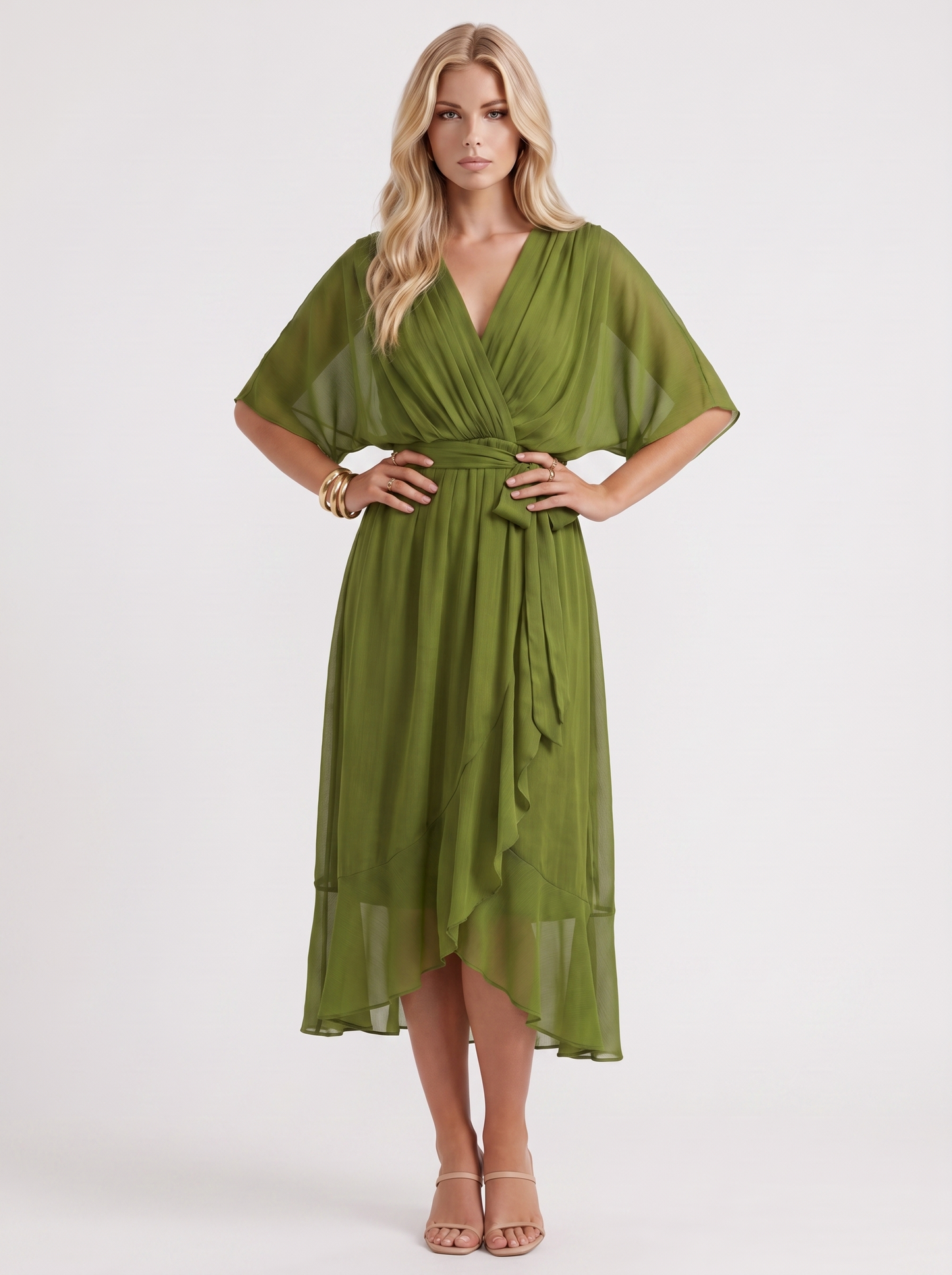 Women olive green midi dress with surplice wrap neckline and kimono sleeves