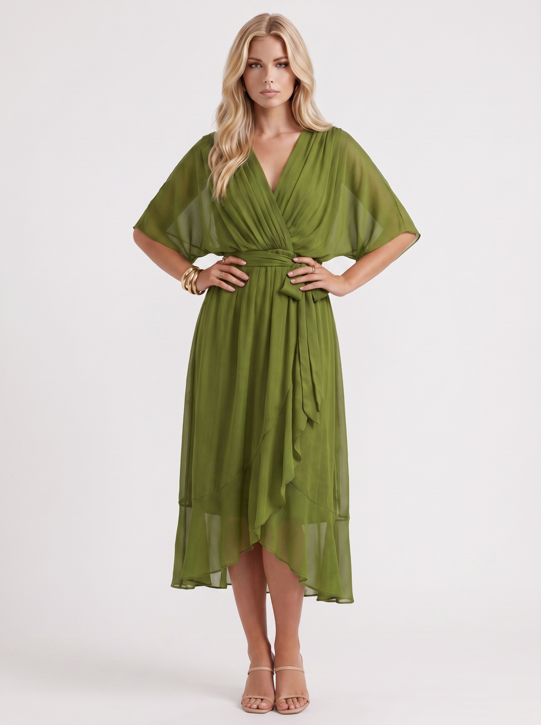 Women olive green midi dress with surplice wrap neckline and kimono sleeves