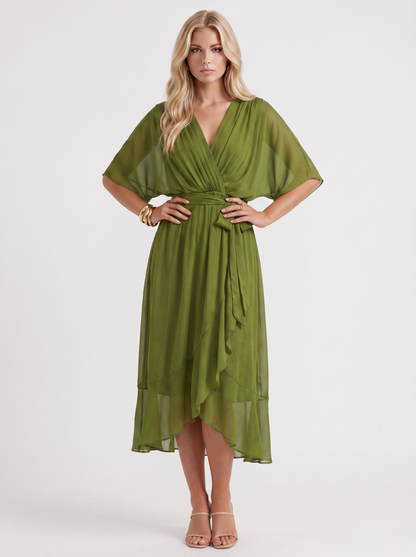 Women olive green midi dress with surplice wrap neckline and kimono sleeves