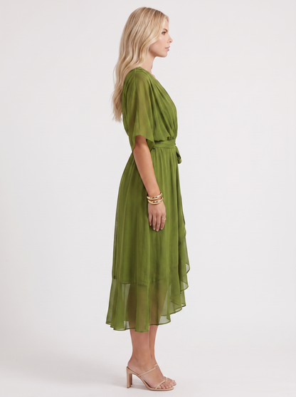 Women olive green midi dress with surplice wrap neckline and kimono sleeves