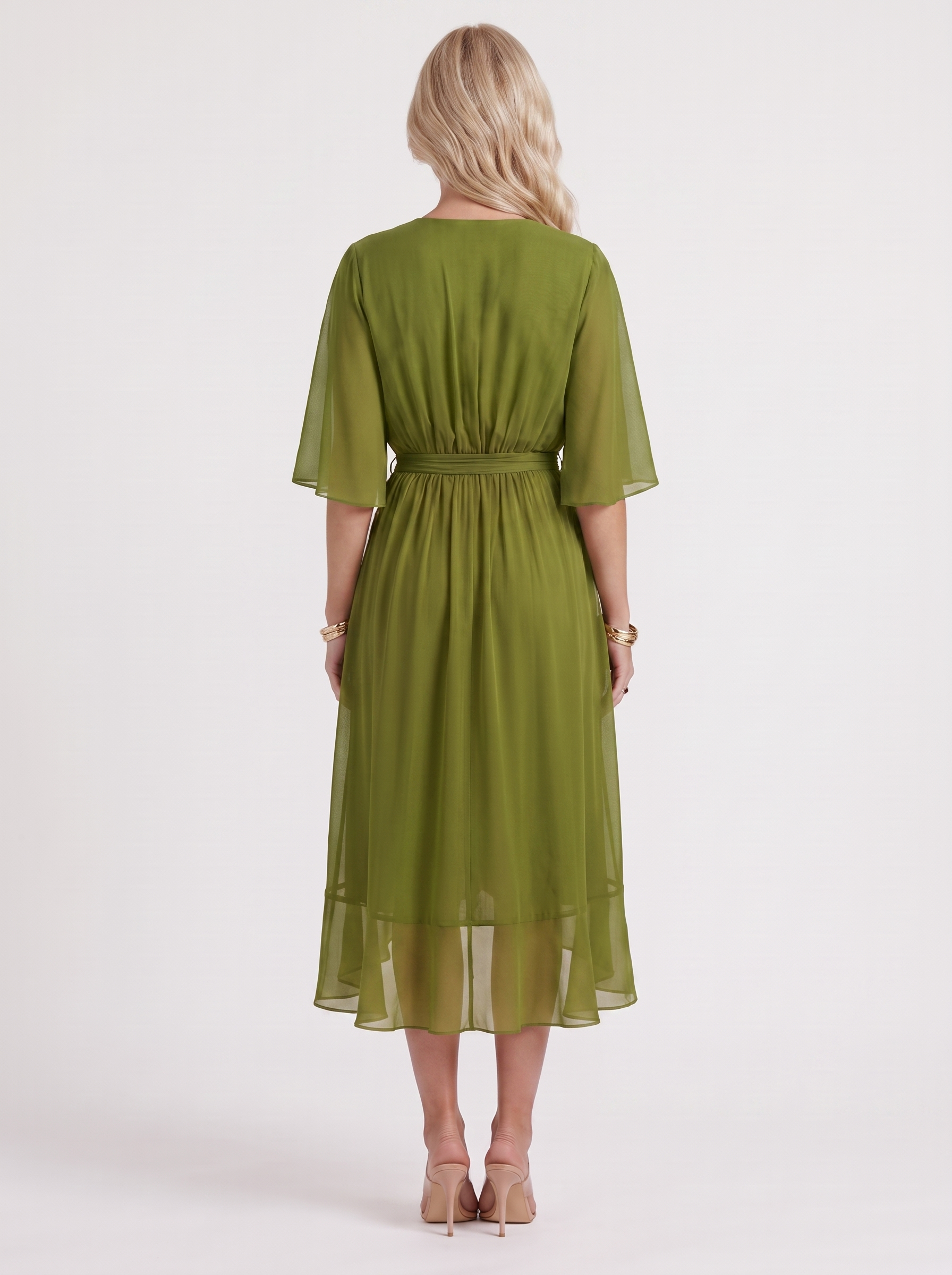 Women olive green midi dress with surplice wrap neckline and kimono sleeves