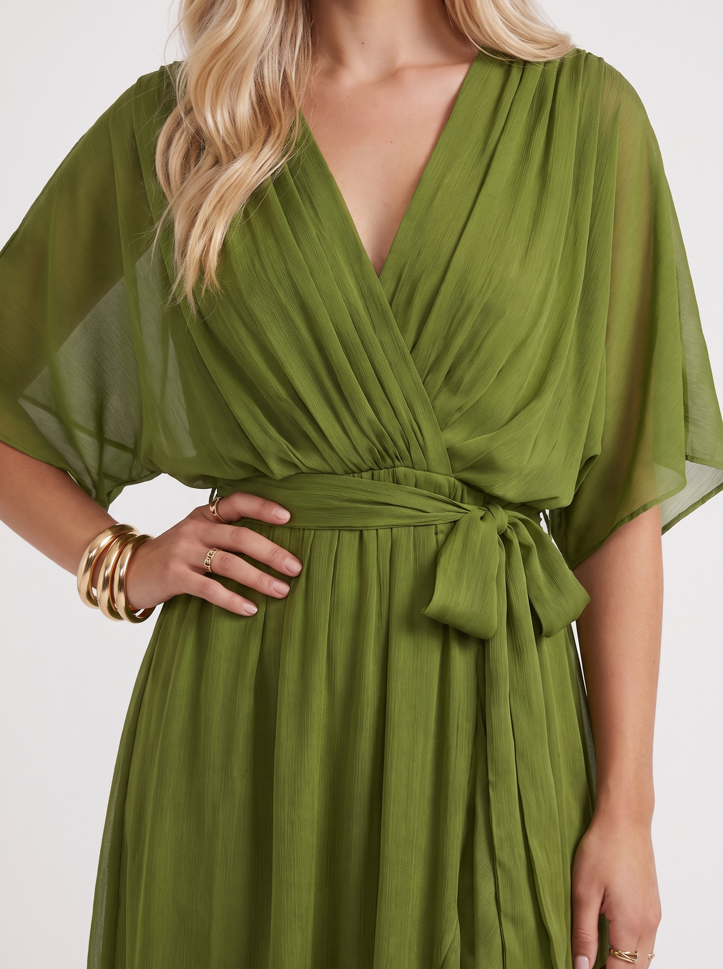 Women olive green midi dress with surplice wrap neckline and kimono sleeves