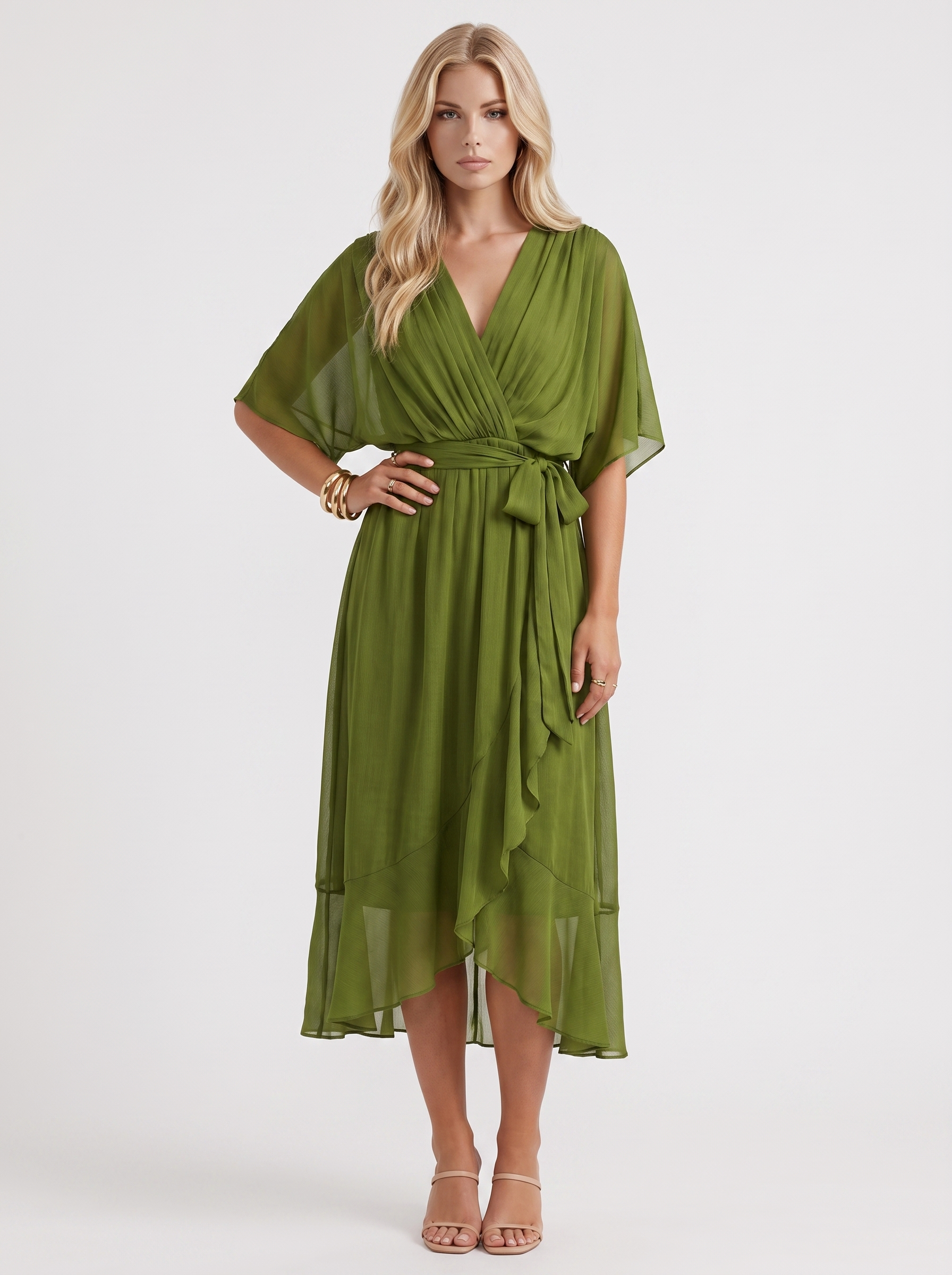 Women olive green midi dress with surplice wrap neckline and kimono sleeves