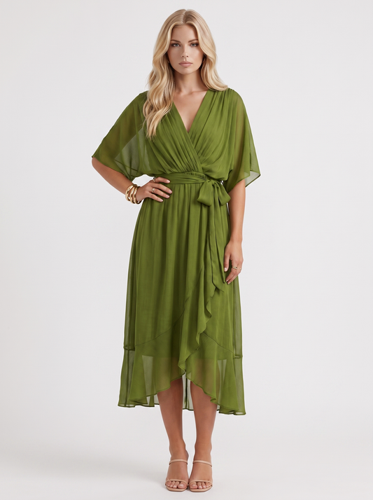 Lucienne Wrap Midi Dress - Olive Green