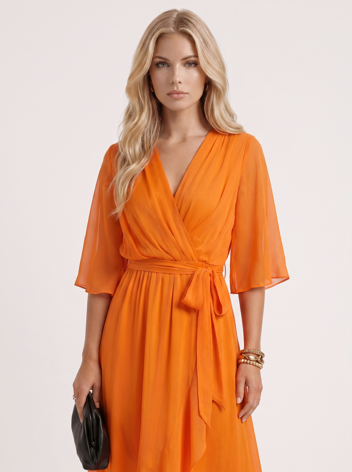 Women orange midi dress with surplice wrap neckline and kimono sleeves
