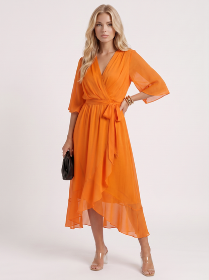 Women orange midi dress with surplice wrap neckline and kimono sleeves