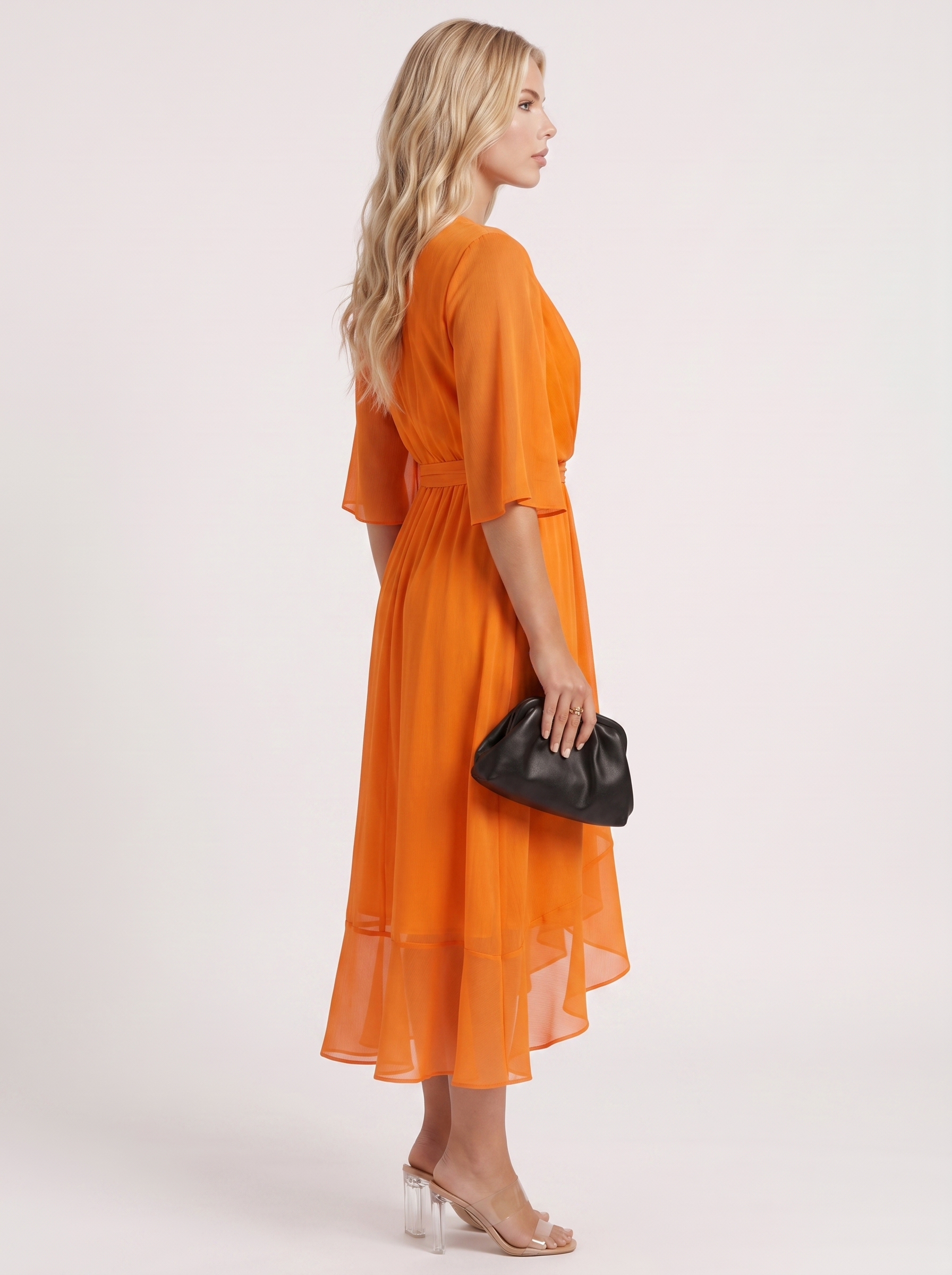 Women orange midi dress with surplice wrap neckline and kimono sleeves