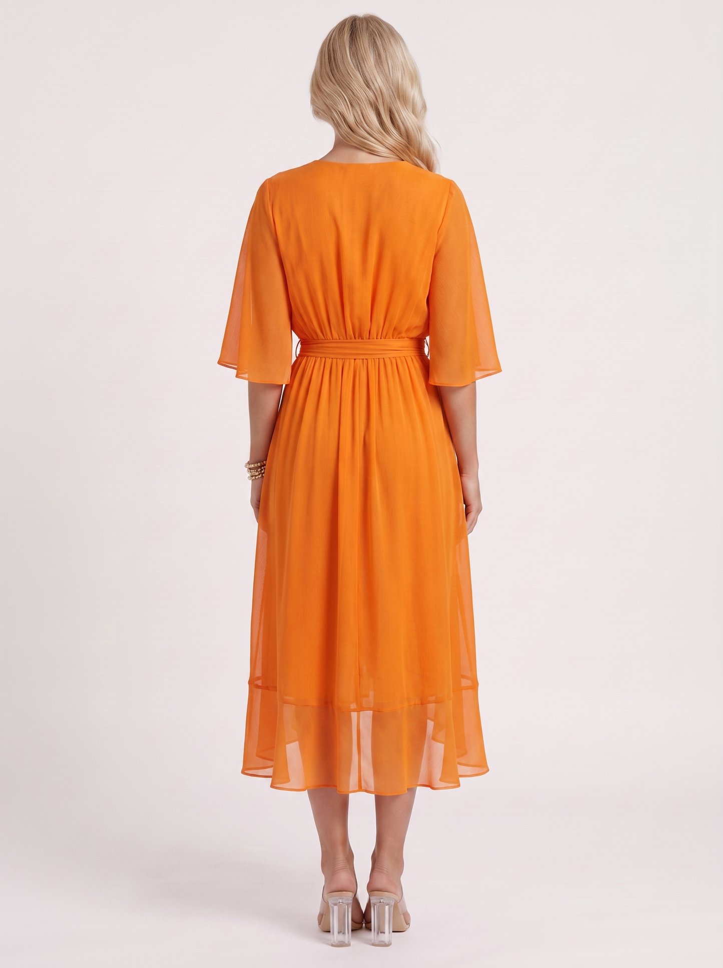 Women orange midi dress with surplice wrap neckline and kimono sleeves