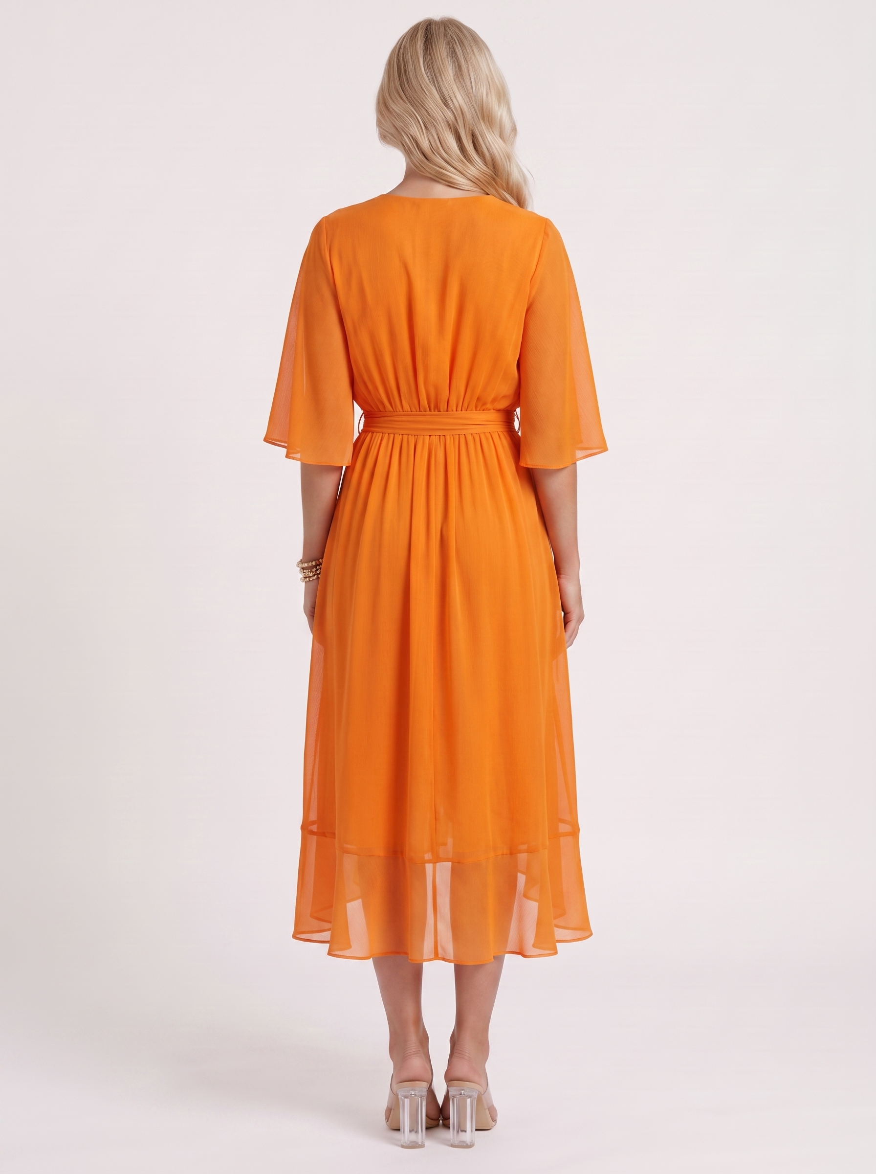 Women orange midi dress with surplice wrap neckline and kimono sleeves