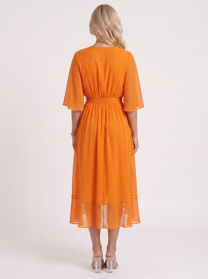 Women orange midi dress with surplice wrap neckline and kimono sleeves