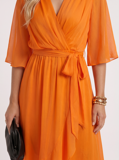 Women orange midi dress with surplice wrap neckline and kimono sleeves