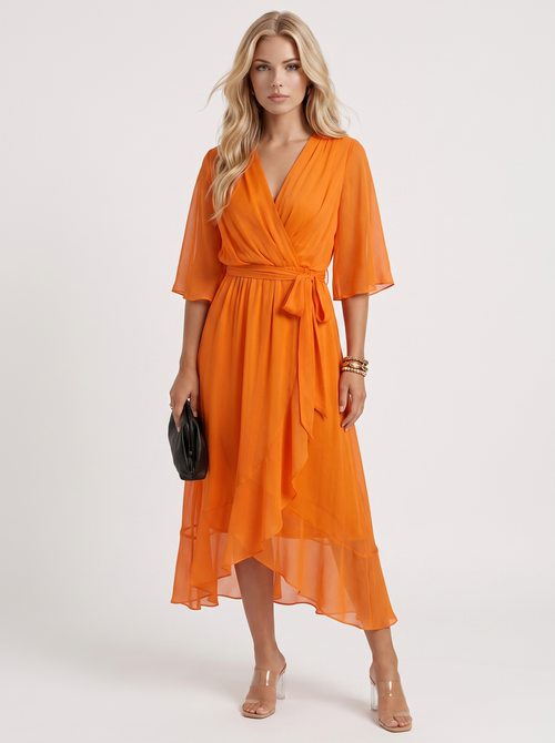 Women orange midi dress with surplice wrap neckline and kimono sleeves