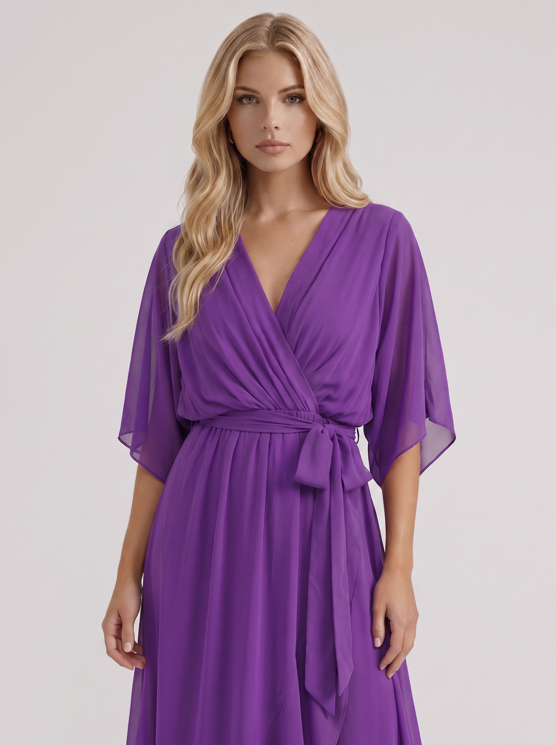 Women purple midi dress with surplice wrap neckline and kimono sleeves