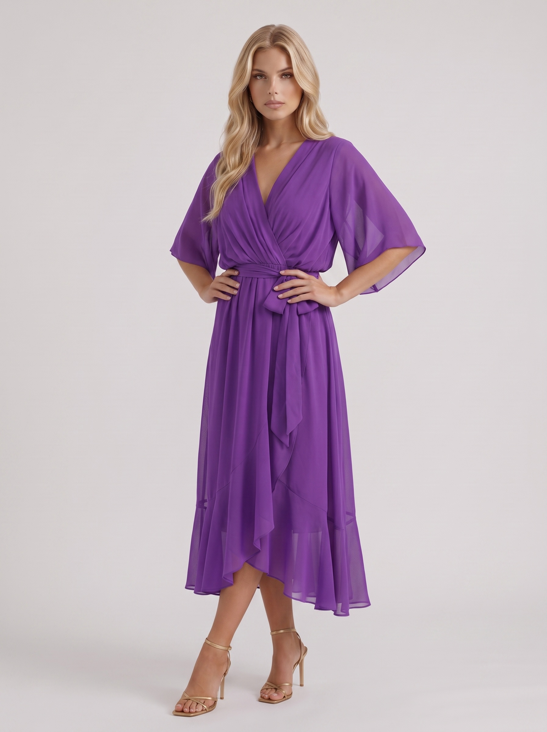 Women purple midi dress with surplice wrap neckline and kimono sleeves