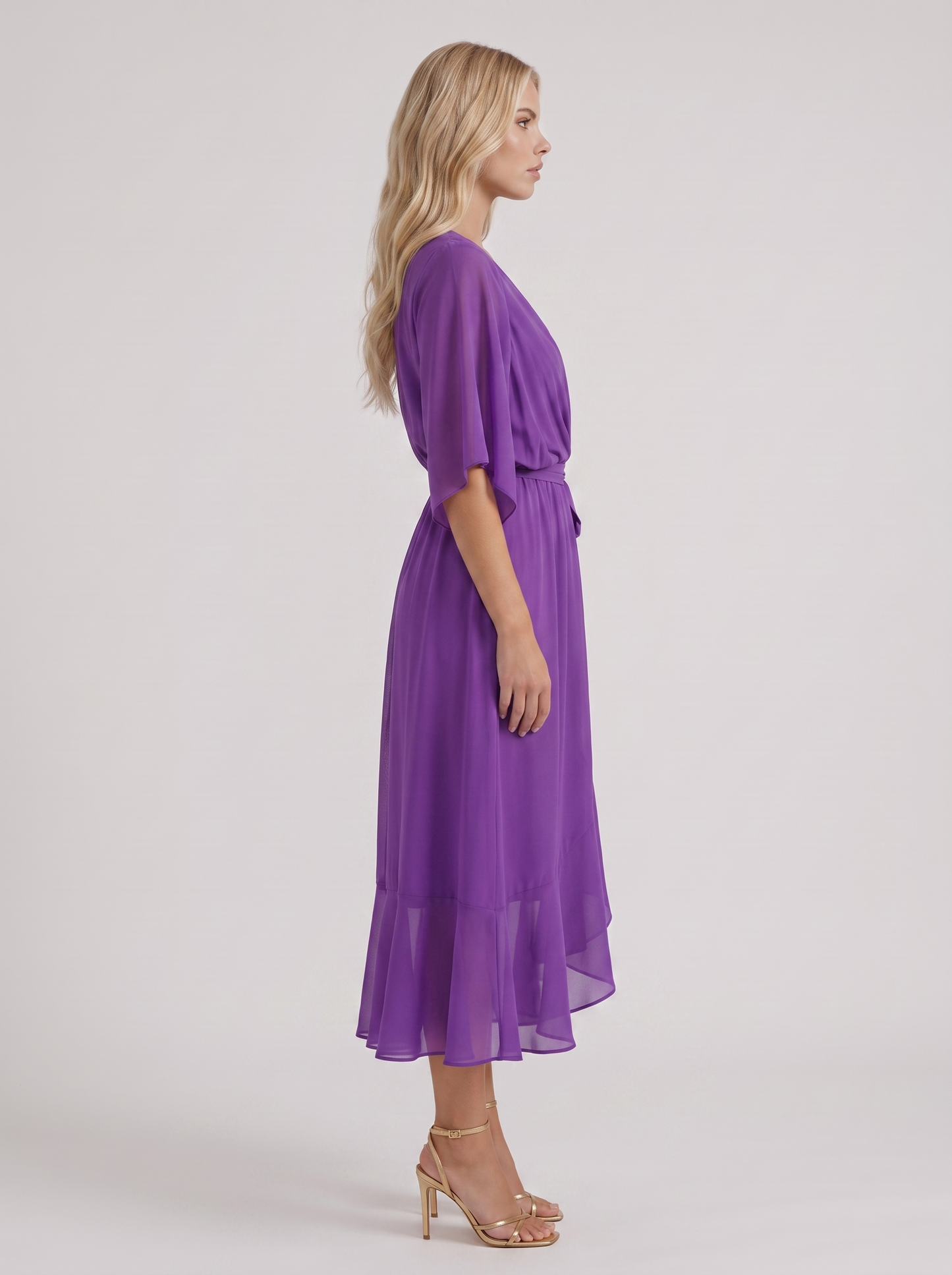 Women purple midi dress with surplice wrap neckline and kimono sleeves
