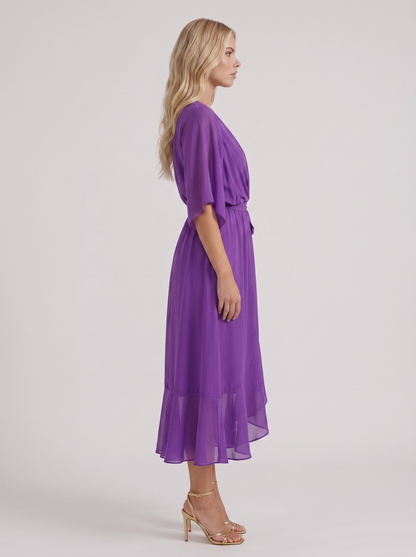 Women purple midi dress with surplice wrap neckline and kimono sleeves
