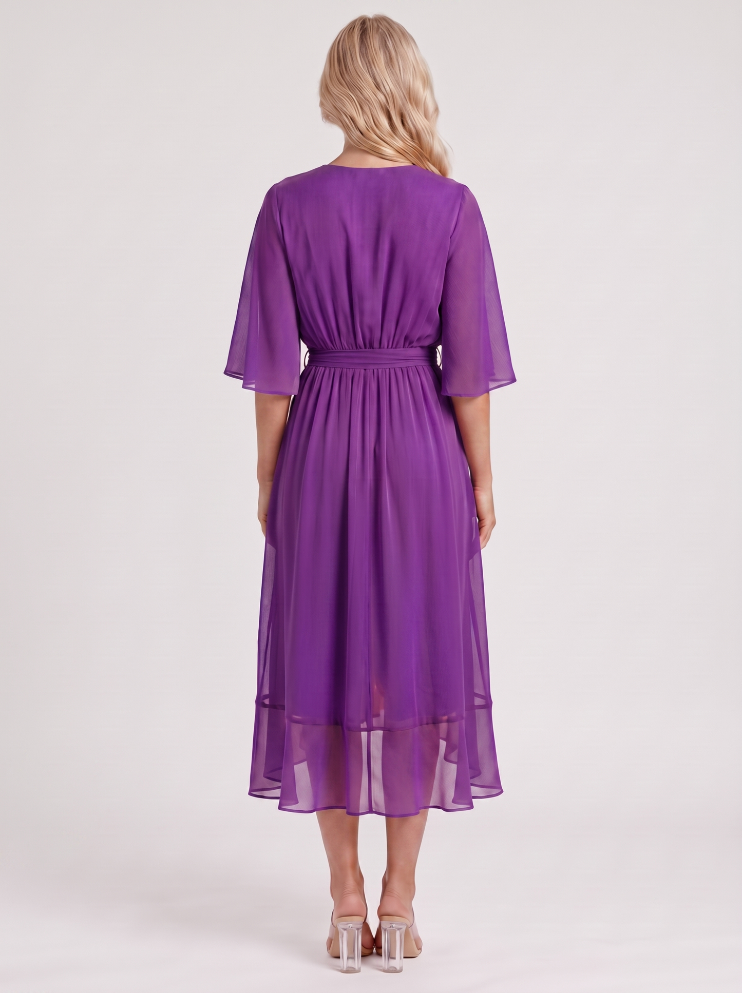 Women purple midi dress with surplice wrap neckline and kimono sleeves