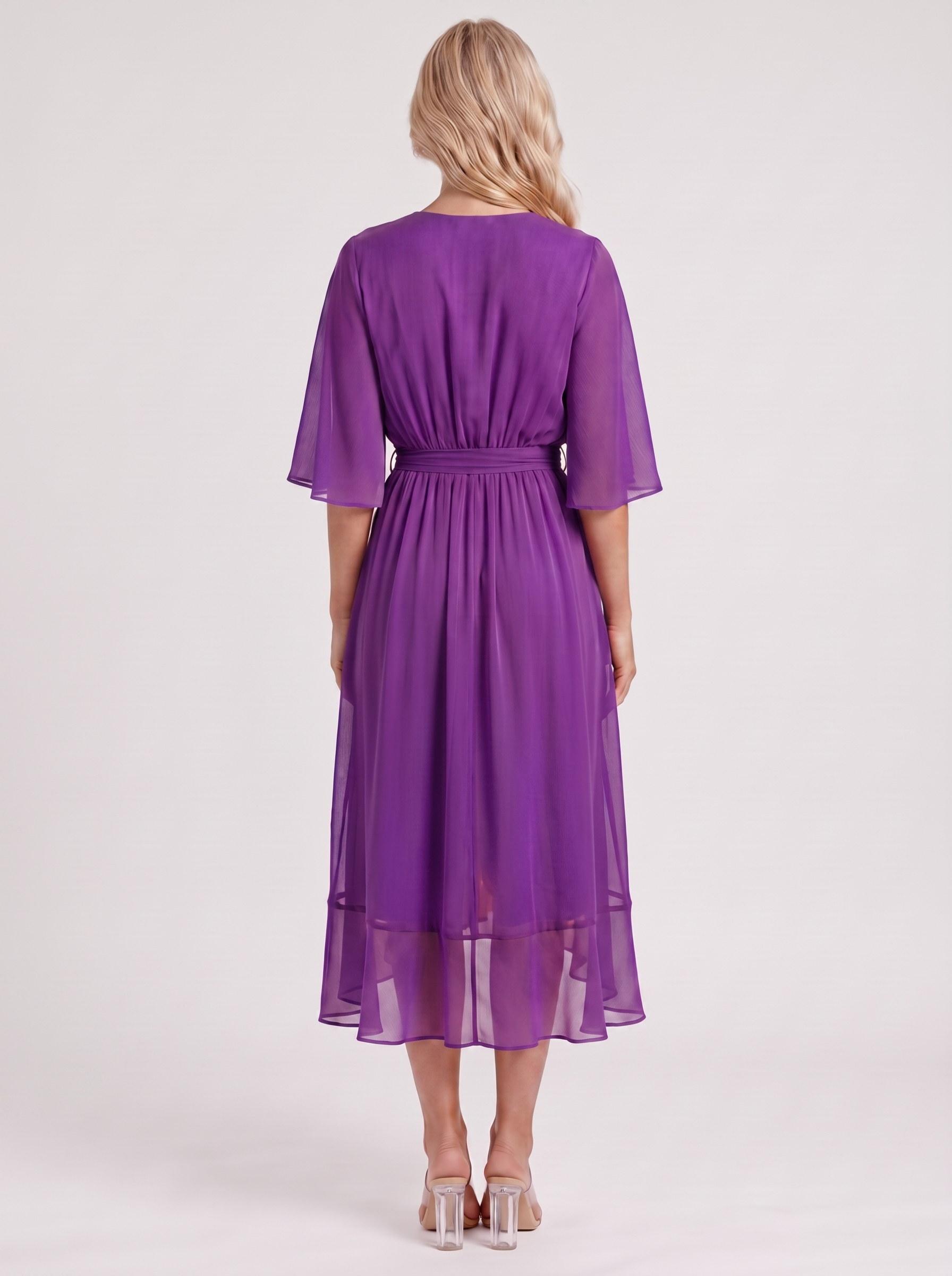 Women purple midi dress with surplice wrap neckline and kimono sleeves