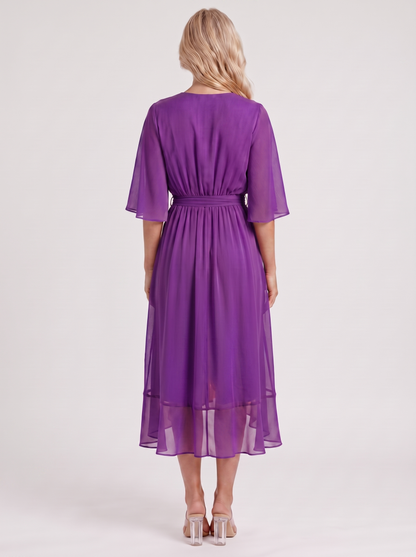 Women purple midi dress with surplice wrap neckline and kimono sleeves