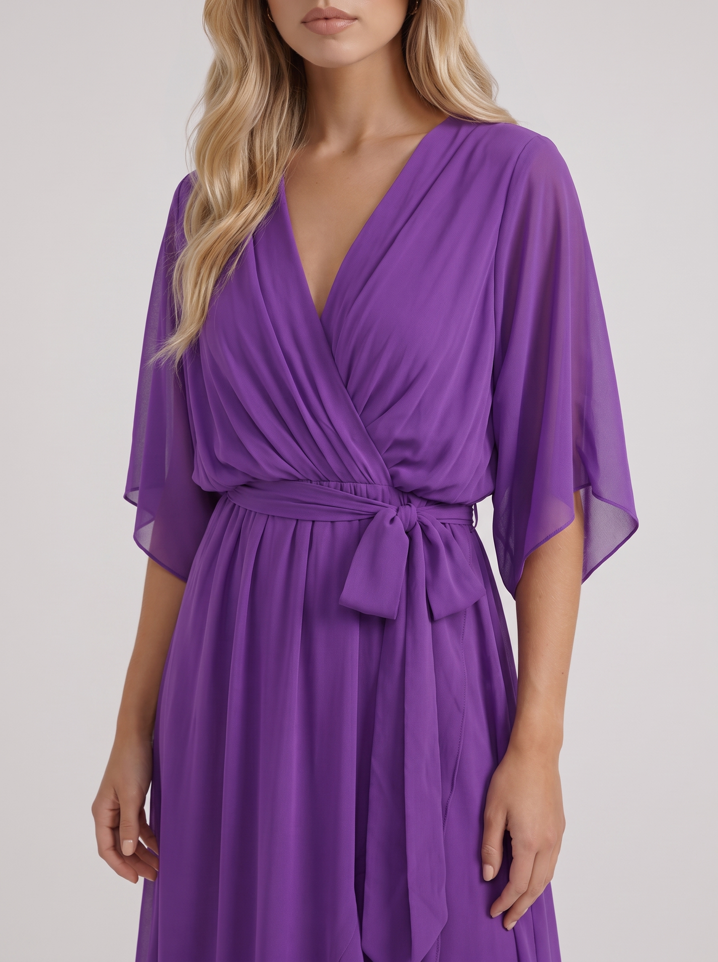 Women purple midi dress with surplice wrap neckline and kimono sleeves