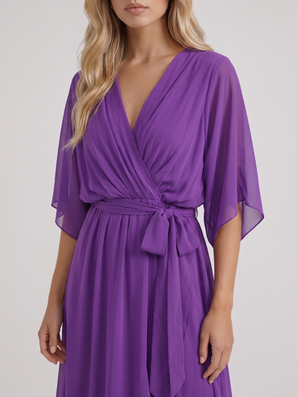 Women purple midi dress with surplice wrap neckline and kimono sleeves