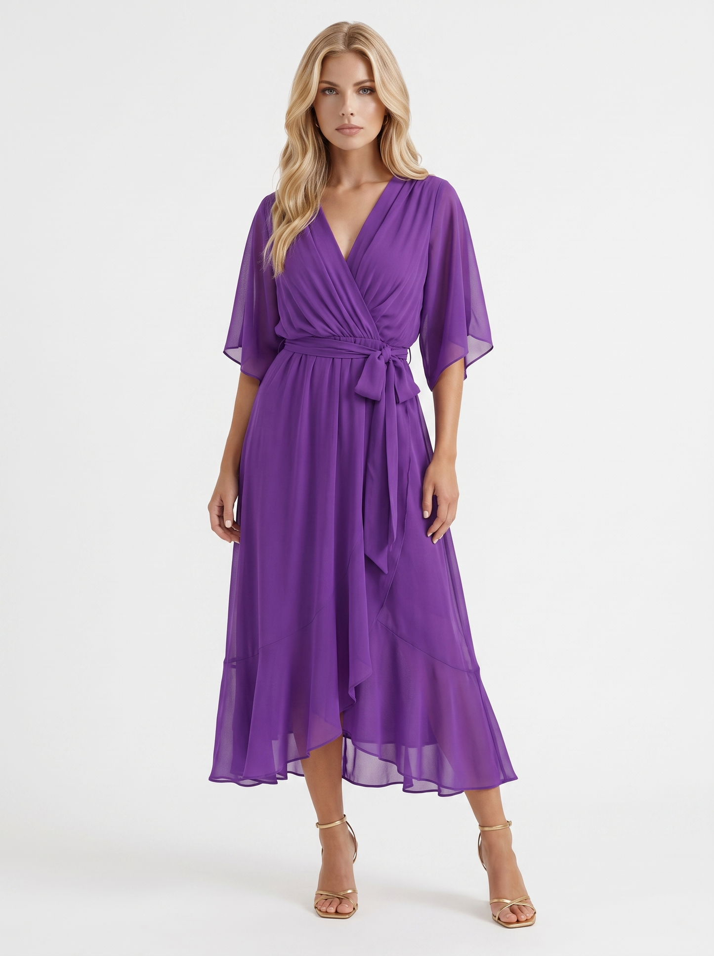 Women purple midi dress with surplice wrap neckline and kimono sleeves