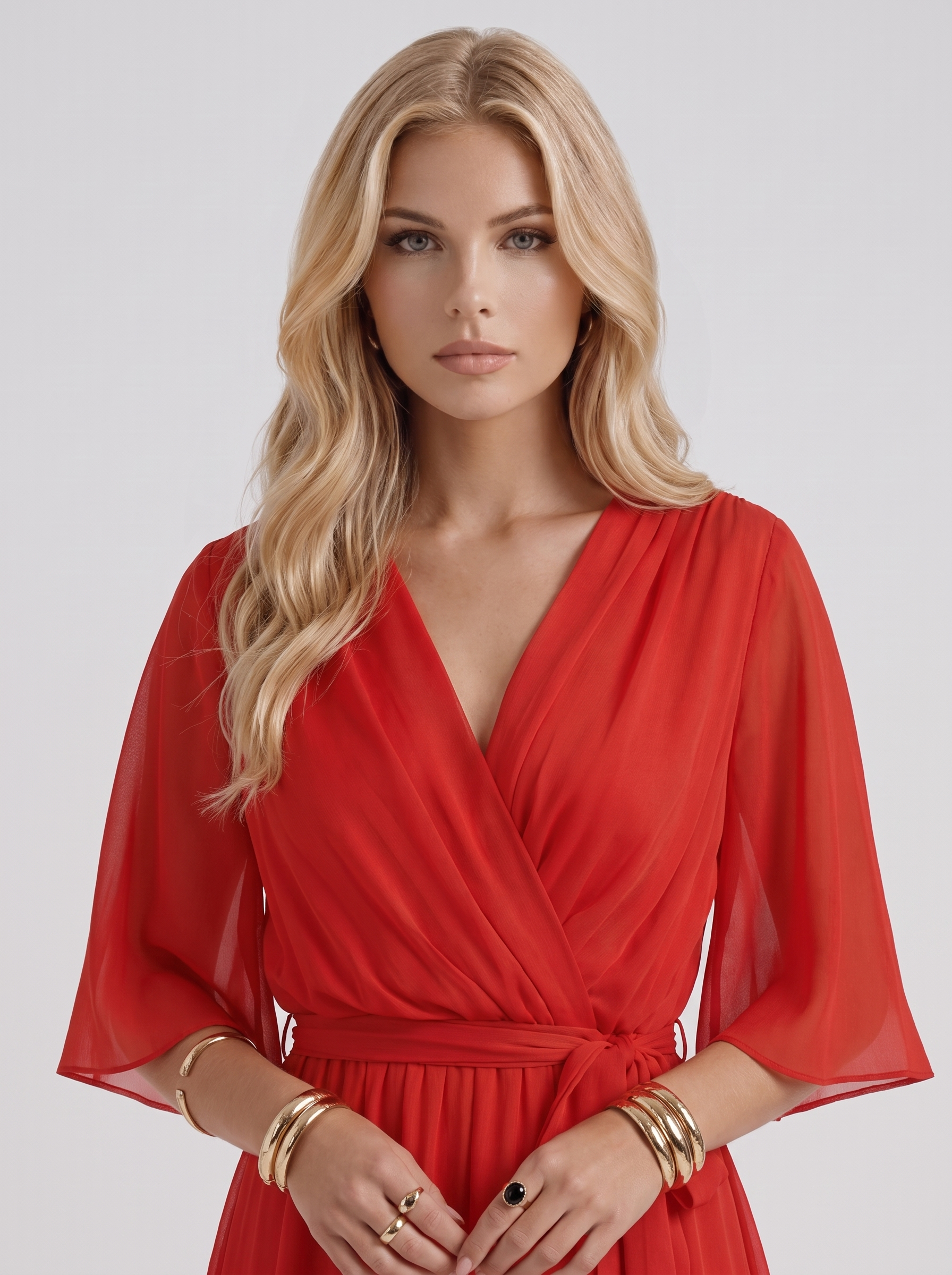 Women red midi dress with surplice wrap neckline and kimono sleeves