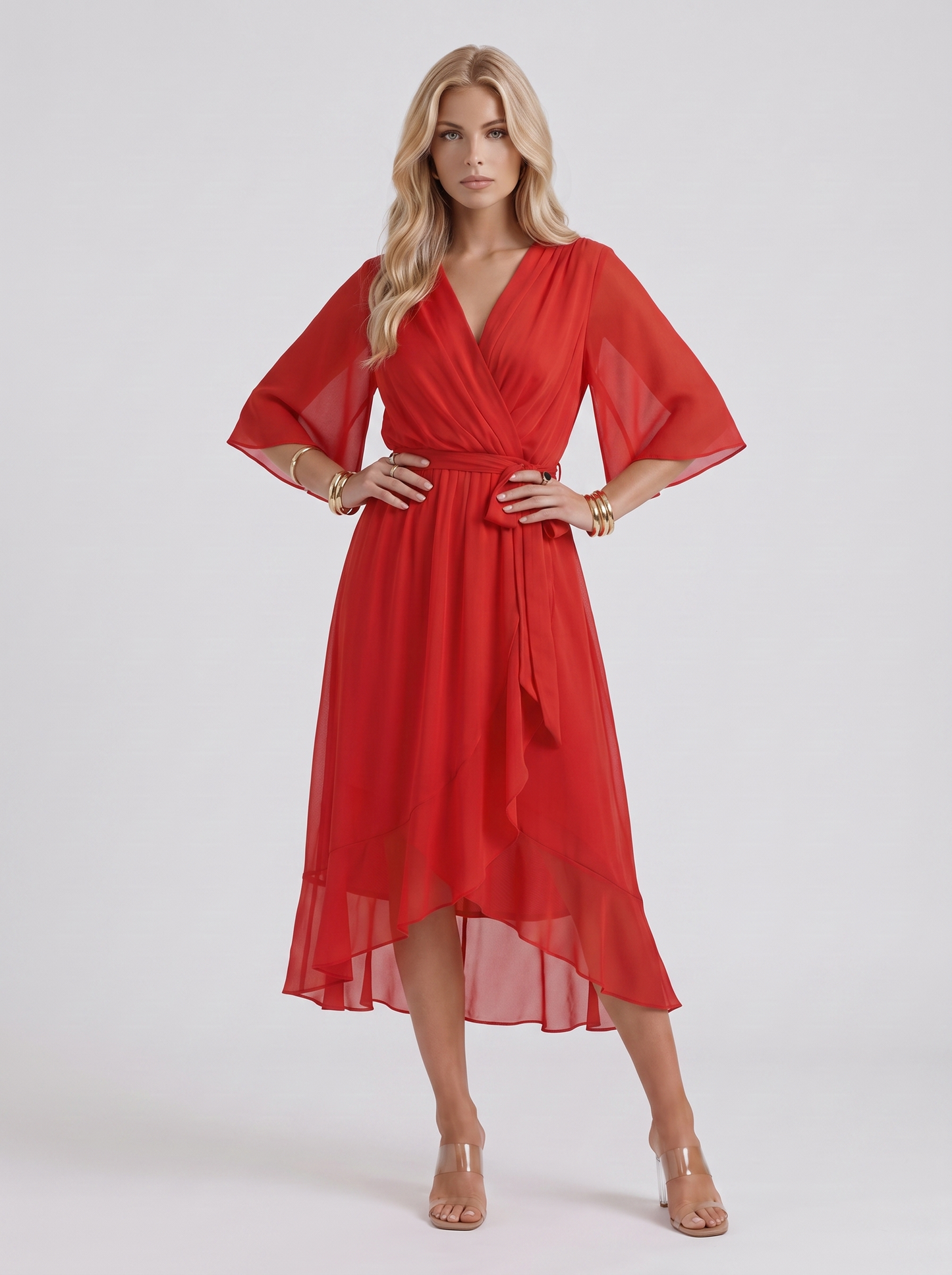 Women red midi dress with surplice wrap neckline and kimono sleeves