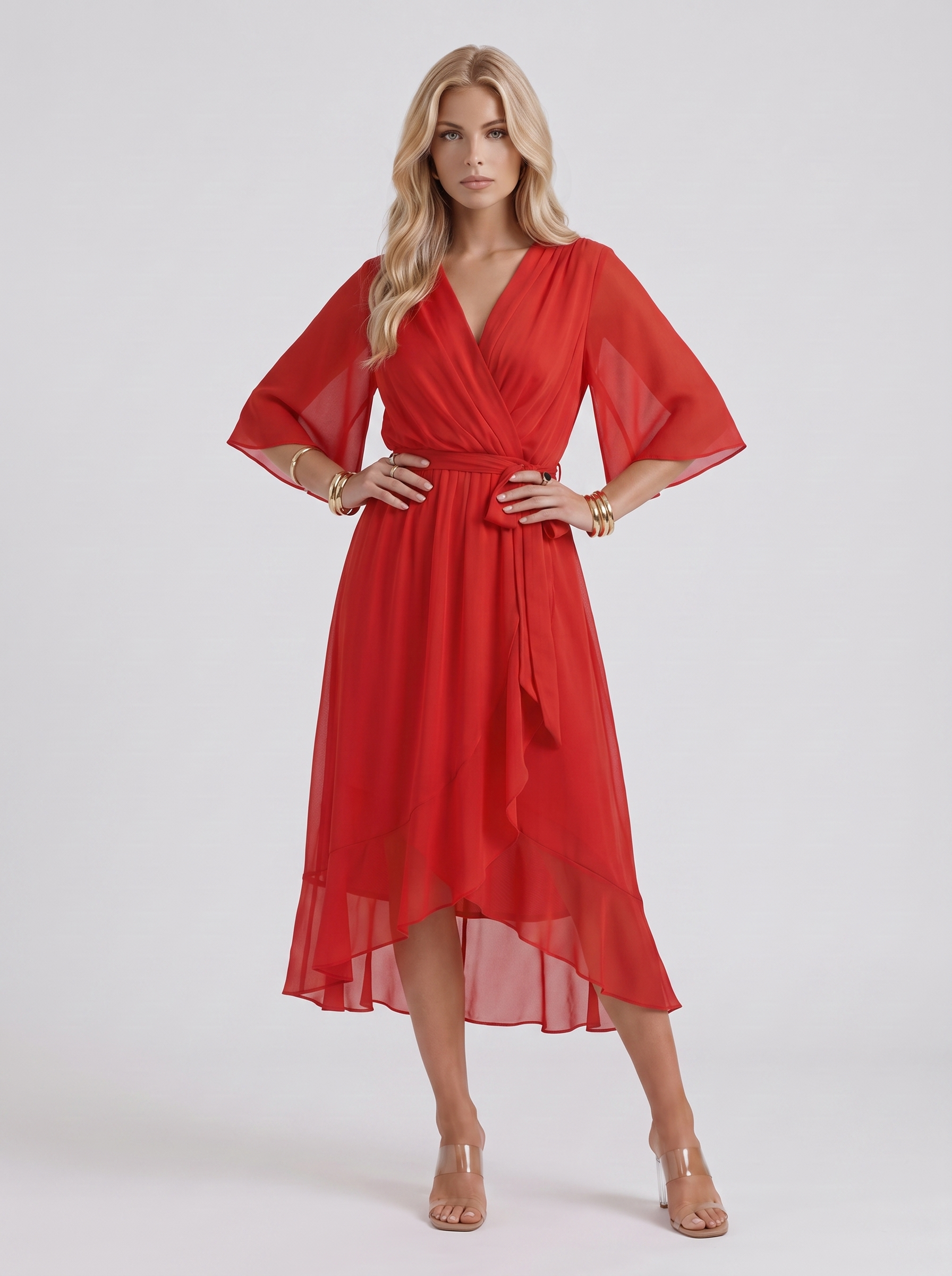 Women red midi dress with surplice wrap neckline and kimono sleeves