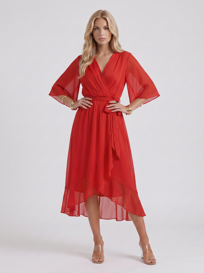 Women red midi dress with surplice wrap neckline and kimono sleeves
