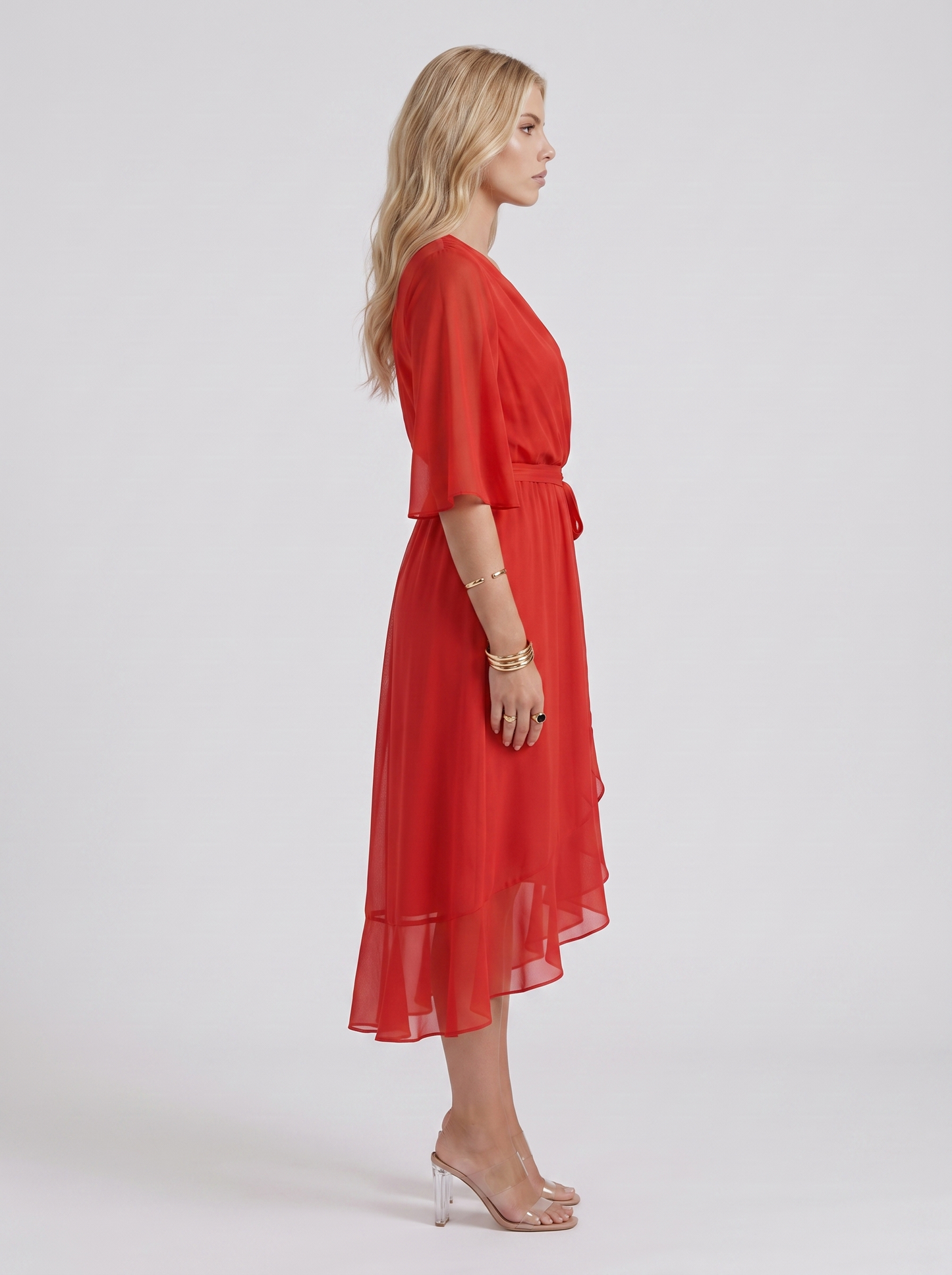 Women red midi dress with surplice wrap neckline and kimono sleeves