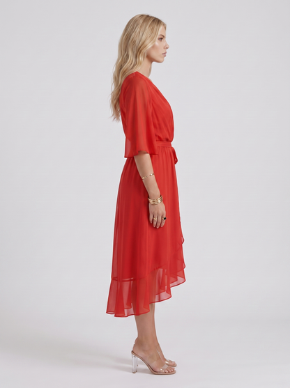 Women red midi dress with surplice wrap neckline and kimono sleeves