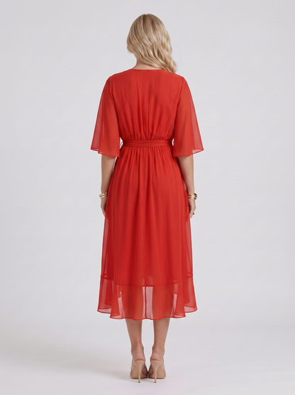 Women red midi dress with surplice wrap neckline and kimono sleeves