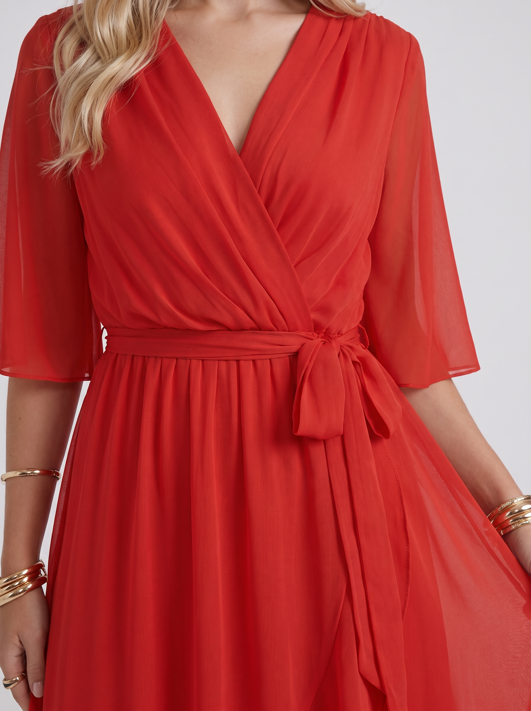 Women red midi dress with surplice wrap neckline and kimono sleeves