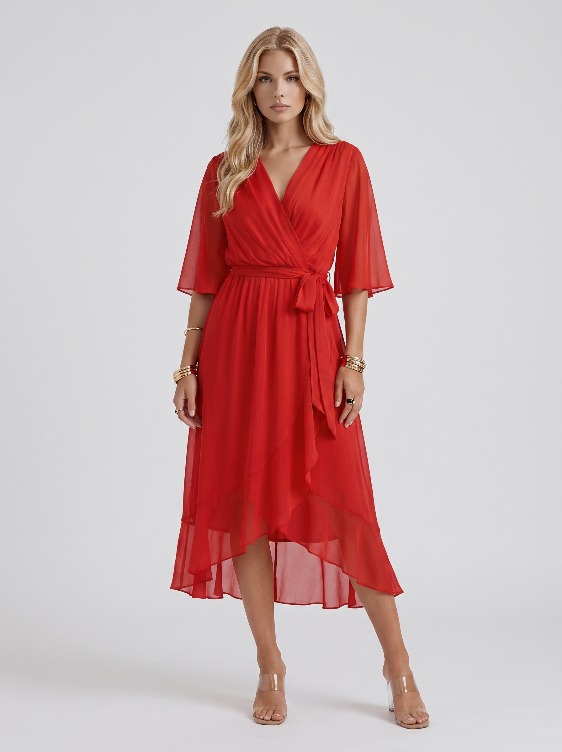 Women red midi dress with surplice wrap neckline and kimono sleeves
