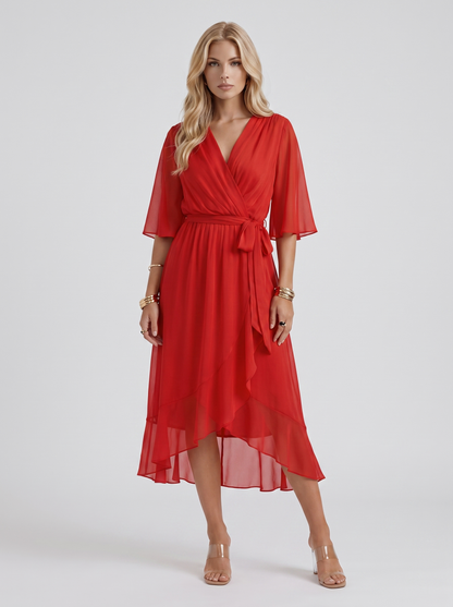 Women red midi dress with surplice wrap neckline and kimono sleeves