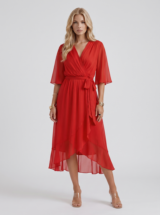 Lucienne Wrap Midi Dress - Red