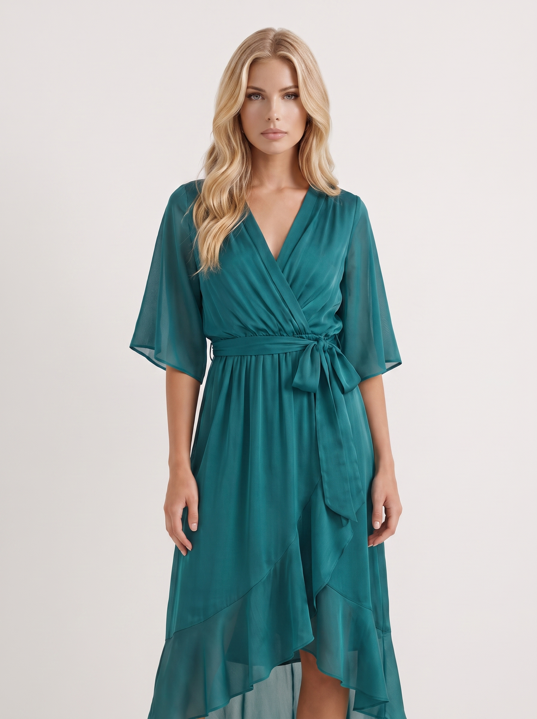 Women teal midi dress with surplice wrap neckline and kimono sleeves