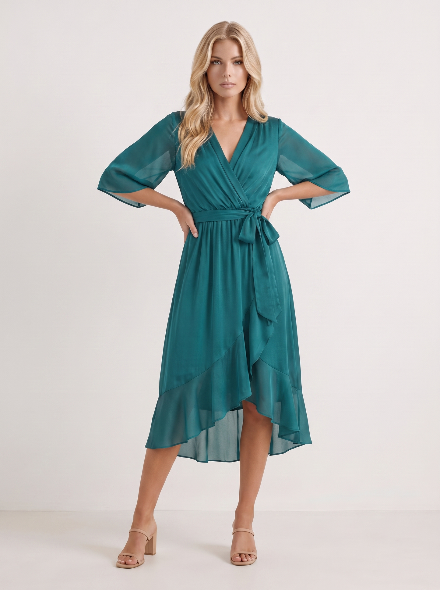Women teal midi dress with surplice wrap neckline and kimono sleeves