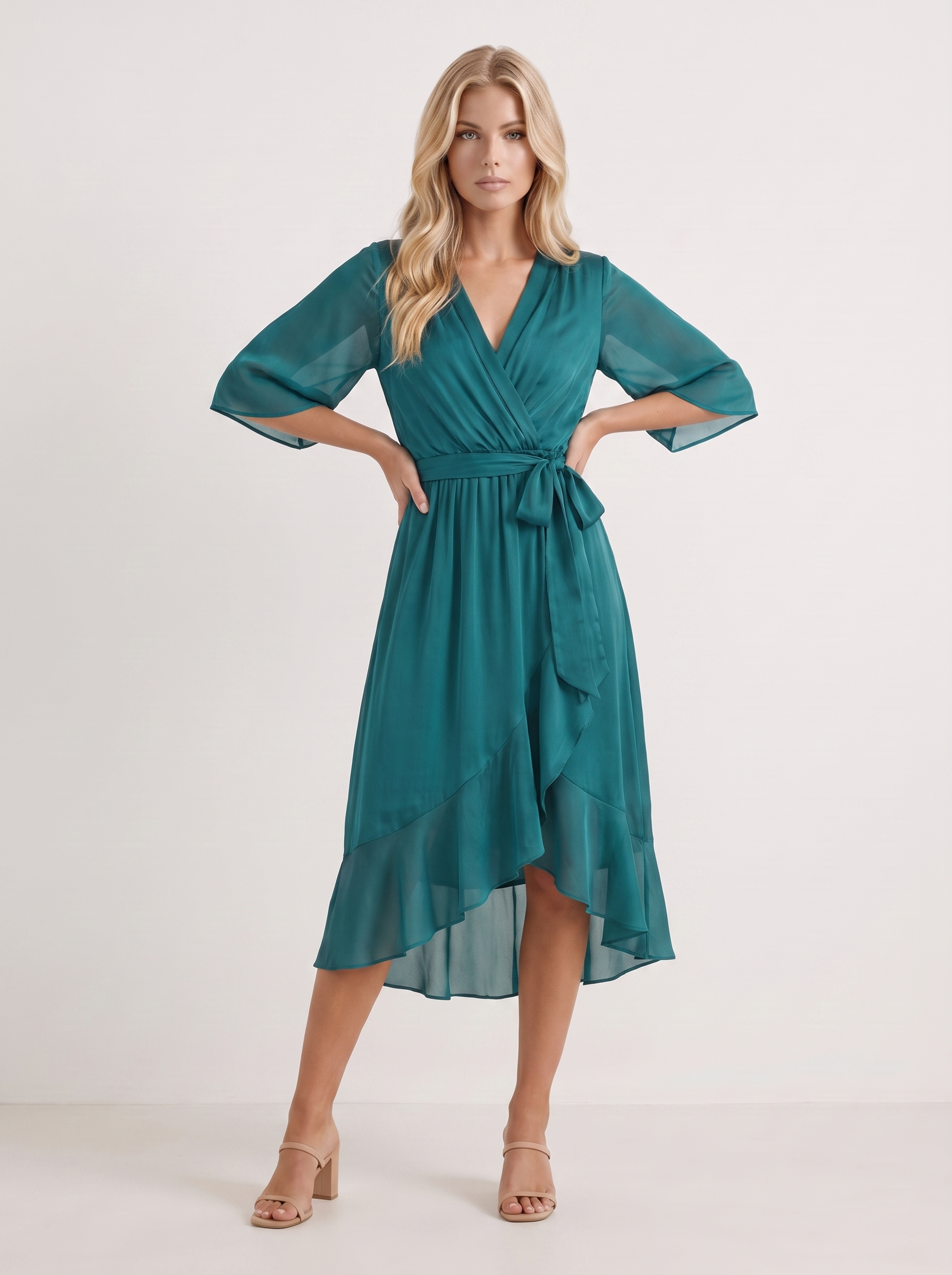 Women teal midi dress with surplice wrap neckline and kimono sleeves