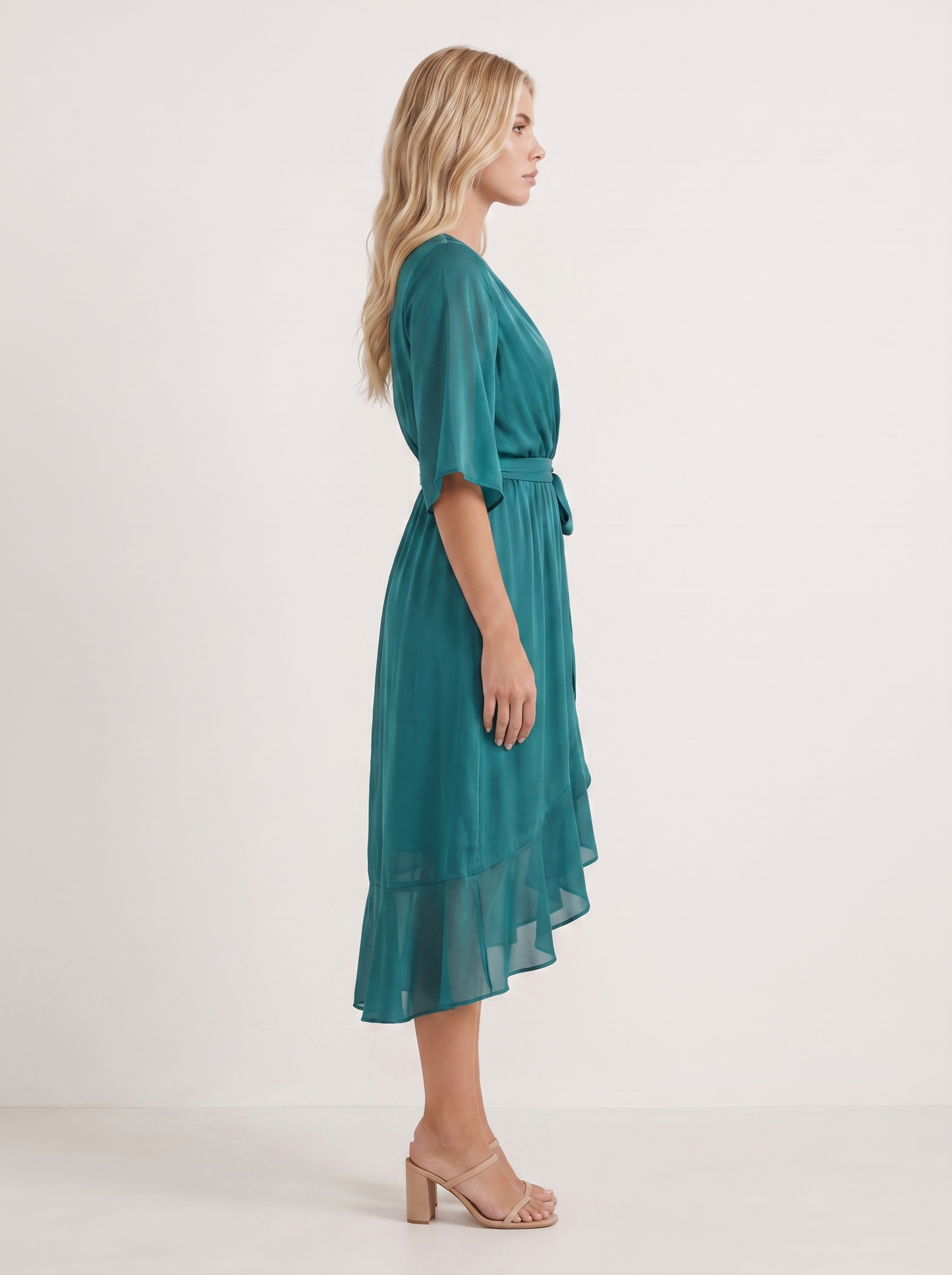 Women teal midi dress with surplice wrap neckline and kimono sleeves