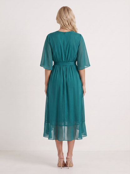 Women teal midi dress with surplice wrap neckline and kimono sleeves