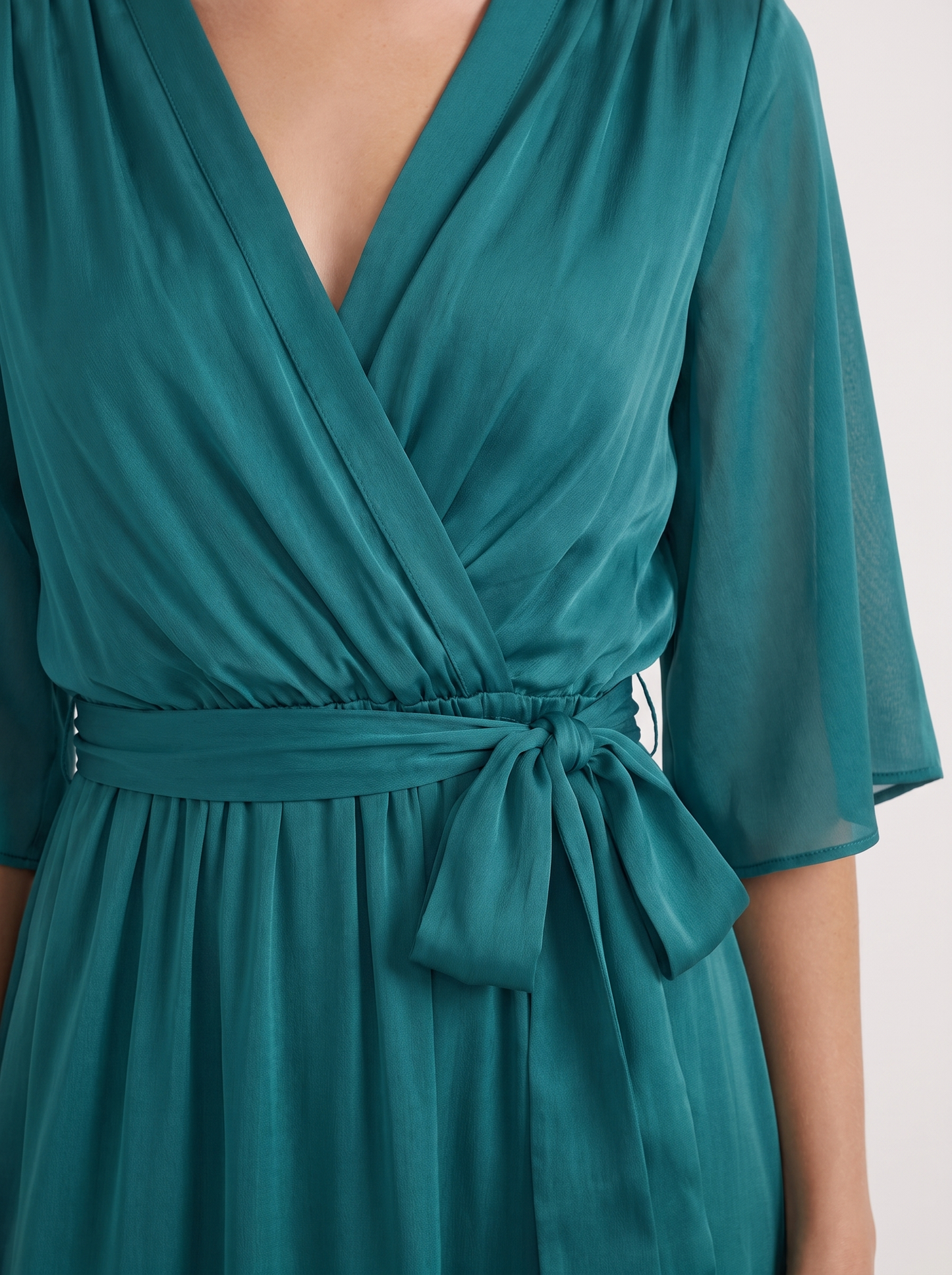 Women teal midi dress with surplice wrap neckline and kimono sleeves