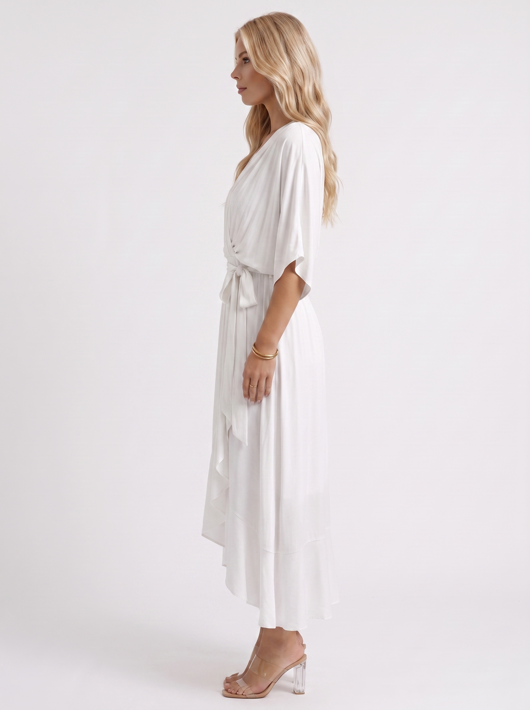 Women white midi dress with surplice wrap neckline and kimono sleeves