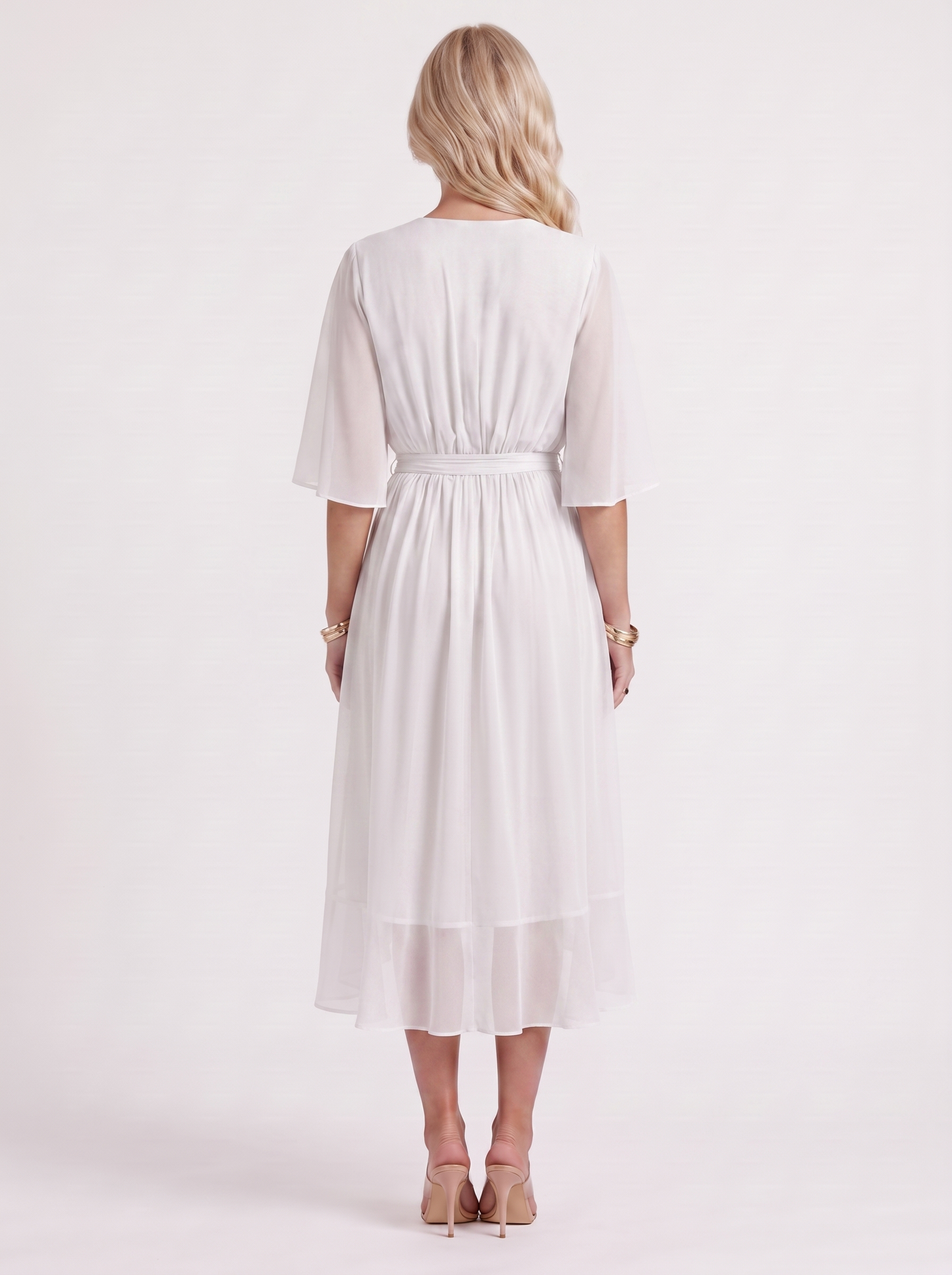 Women white midi dress with surplice wrap neckline and kimono sleeves