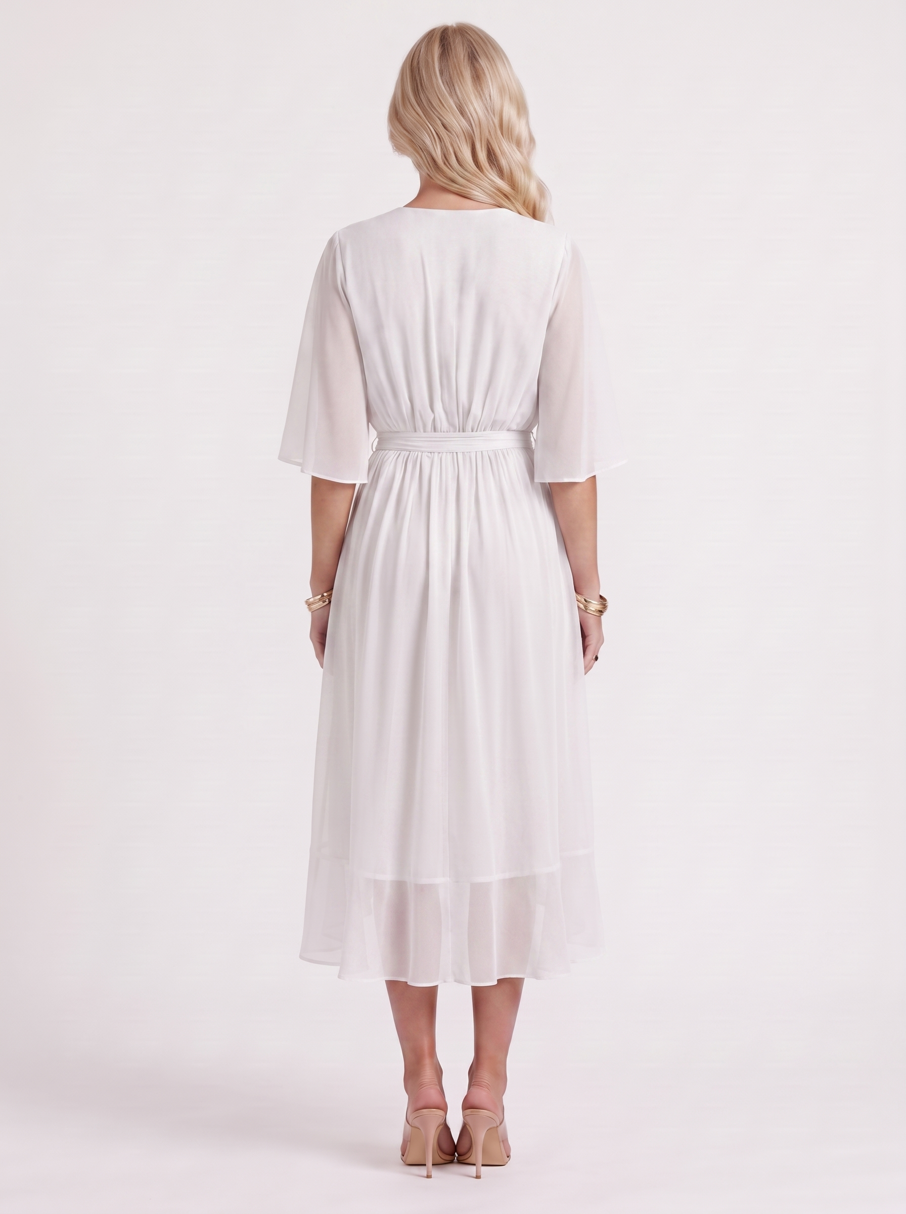 Women white midi dress with surplice wrap neckline and kimono sleeves