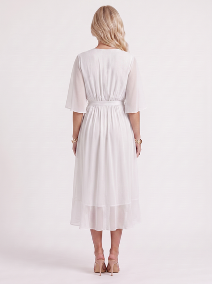 Women white midi dress with surplice wrap neckline and kimono sleeves
